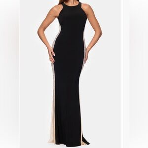 Xscape Black Maxi Halter Gown with Nude Mesh Side Panels